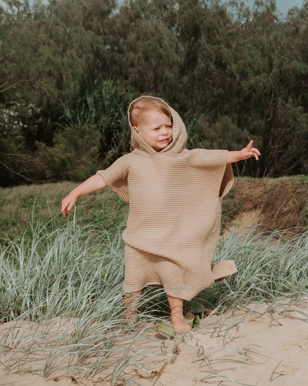 Kids Waffle Poncho Towel- Sand