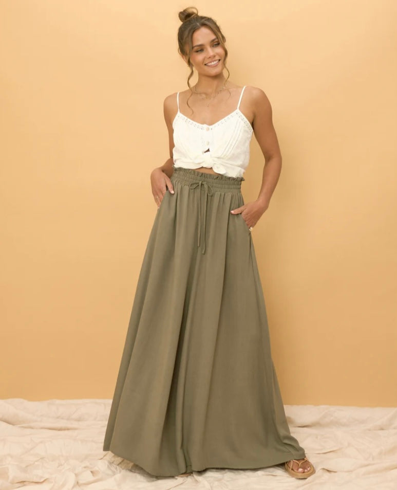 Charli Pants - Paper Bag High Waisted Wide Leg Pants in Forest