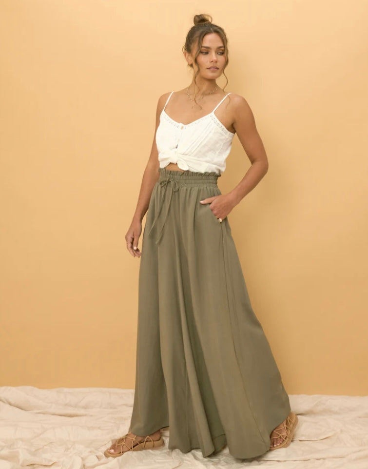 Charli Pants - Paper Bag High Waisted Wide Leg Pants in Forest