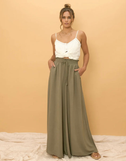 Charli Pants - Paper Bag High Waisted Wide Leg Pants in Forest