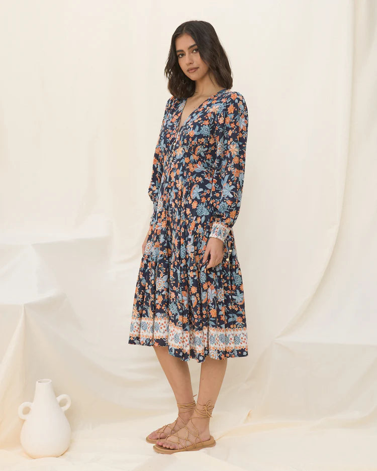 Isadora Navy Blue Boho Long Sleeved Midi Dress