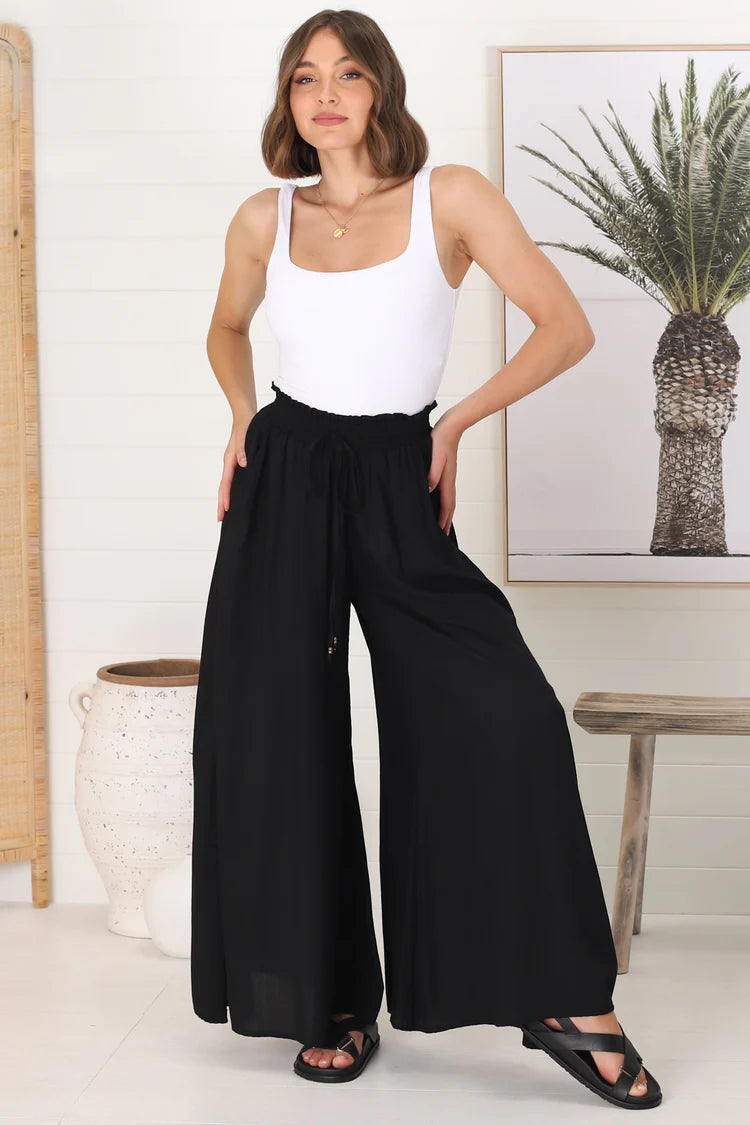 Charli Pants - Paper Bag High Waisted Wide Leg Pants in Black