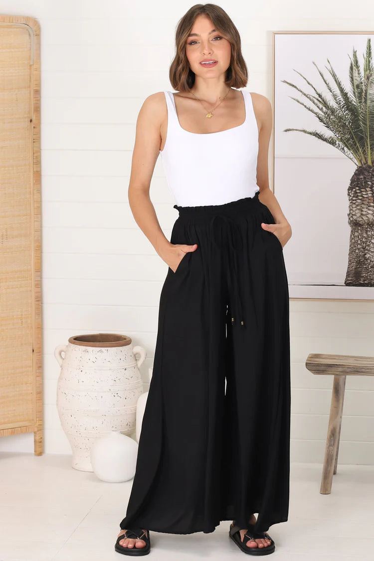 Charli Pants - Paper Bag High Waisted Wide Leg Pants in Black