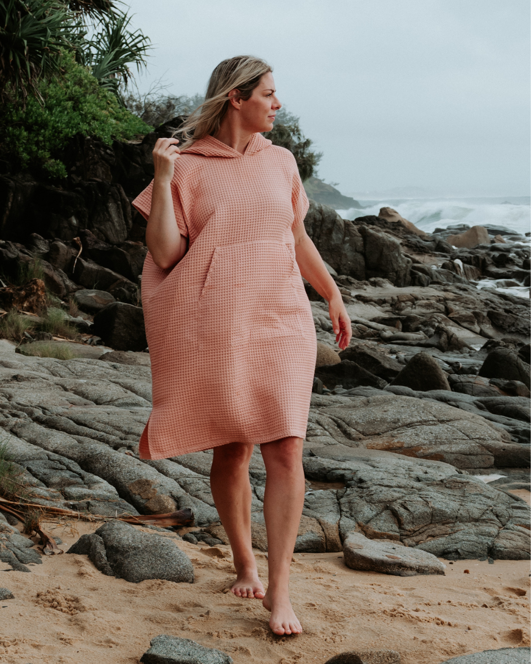 Adult Waffle Poncho Towel- Salmon